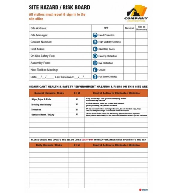 Hazard Board 1200 x 800mm - Daily Hazards - Vanguard NZ